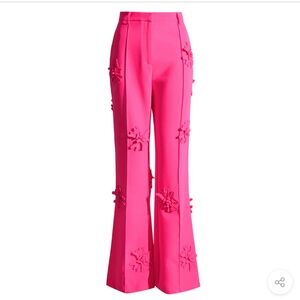 Modern Floral Appliqué High Rise Straight Leg Crepe Pants - Hot Pink